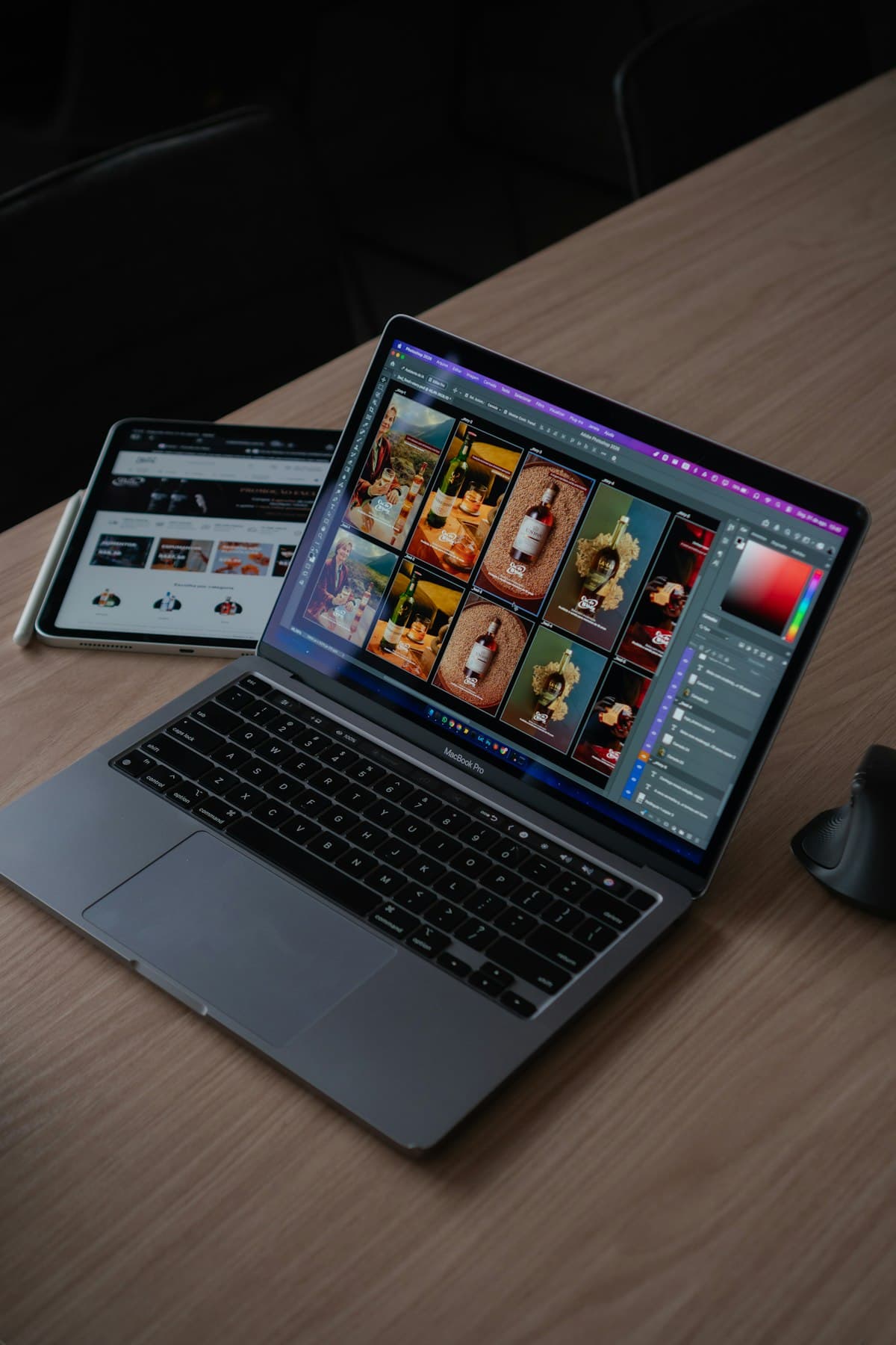 A digital marketing creative workspace displayed on laptop screens